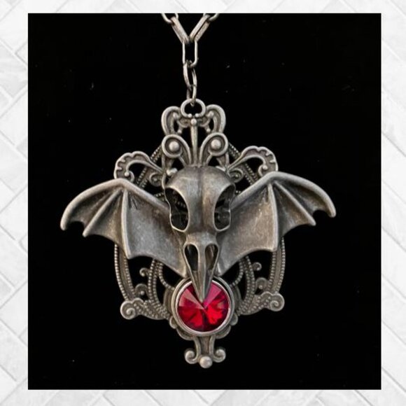 "Evil Bat" Bird Skeleton Head and Ruby-Colored Austrian Crystal Pendant - Picture 3 of 11